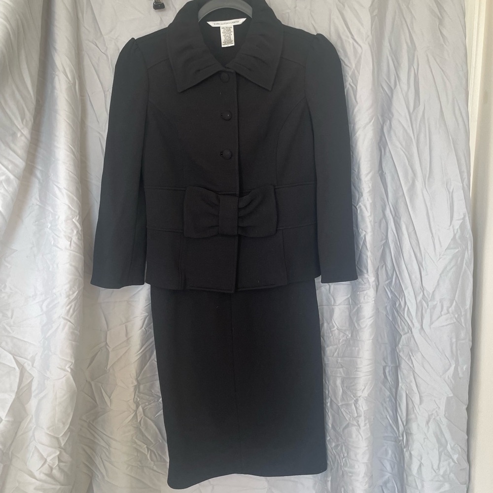 Diane von Furstenberg DVF Black Wool Blend 2Pc Skirt Suit Set Bow Jacket Dress 4